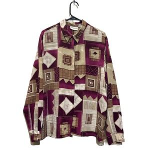 Vintage Alfred Dunner Button Up Shirt Womens Plus Size 20 Red Brown Geometric
